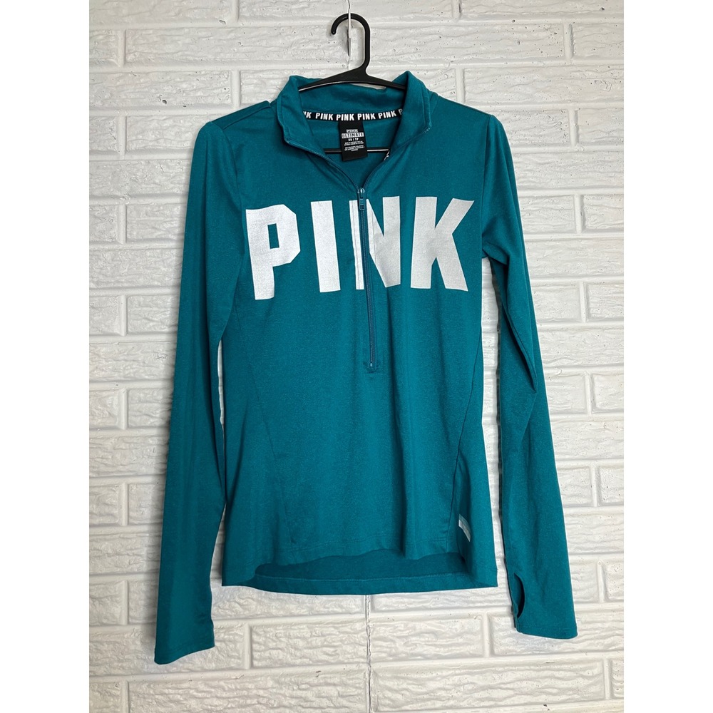 PINK Quarter Zip‎ Pullover Womens XS Teal Excellent Ultimate Logo Thumbhole